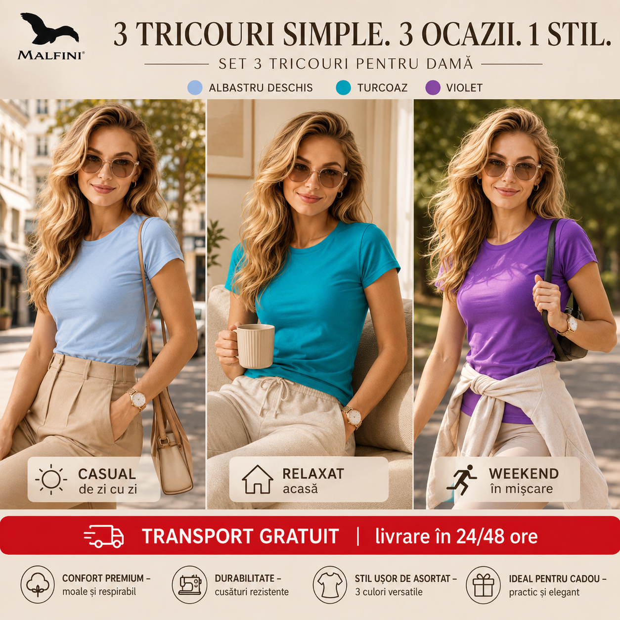 Tricouri damă simple din bumbac 100% albastru deschis turcoaz violet